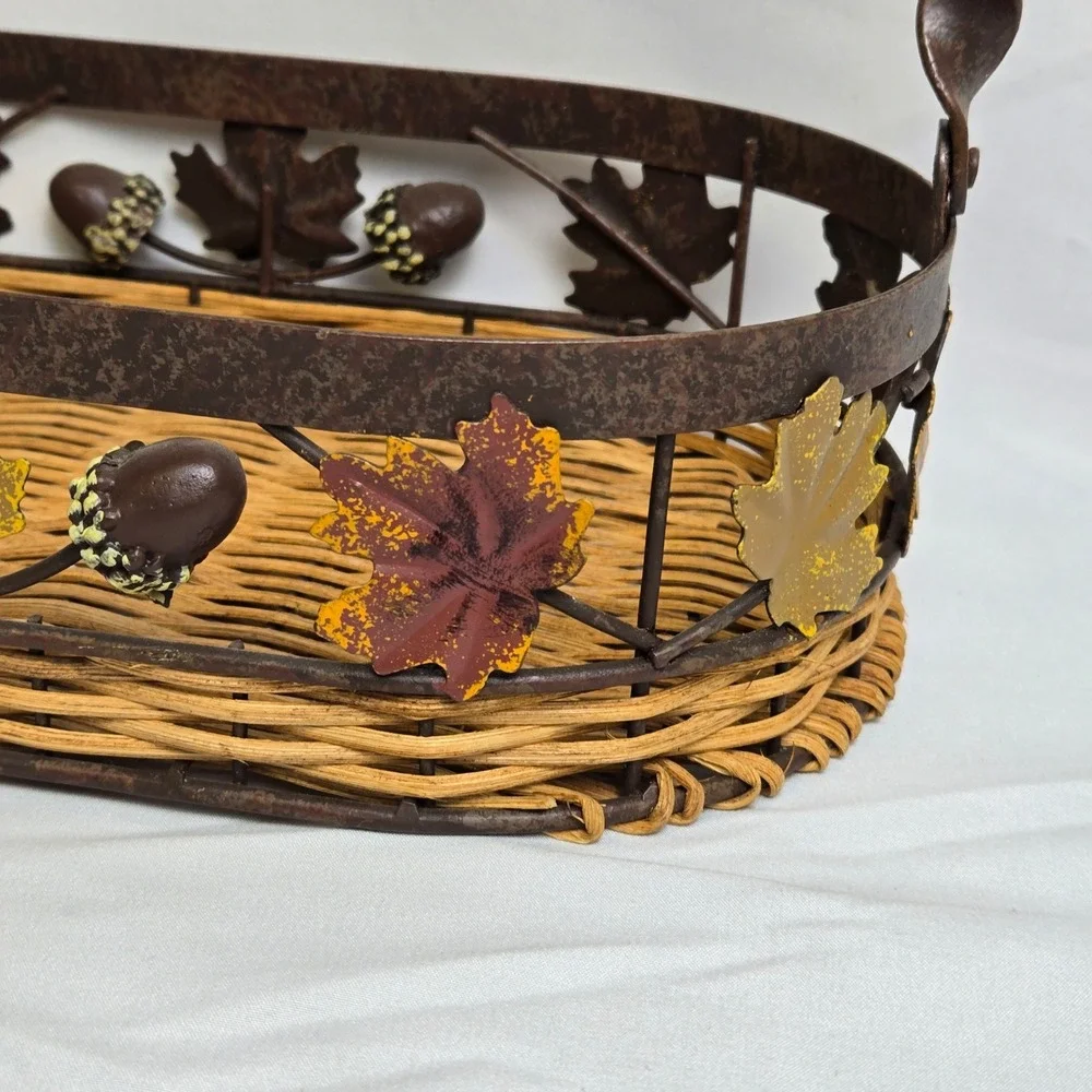 Decorative Basket Woven Wicker Base Metal Rim With Fall Autumn Leaves Acorns 11
